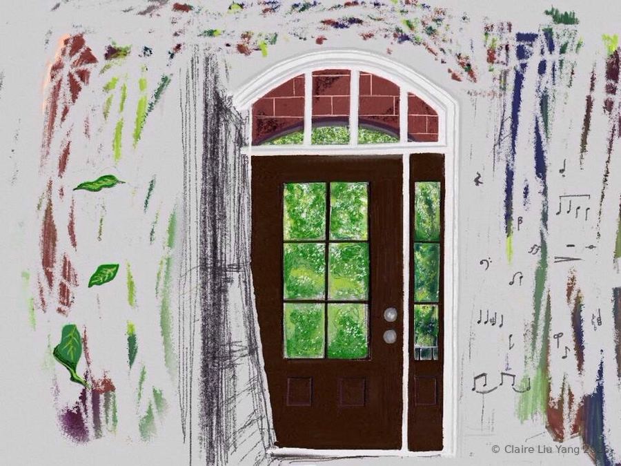 A wooden door with green glass panes amid colored scribbles and music notes