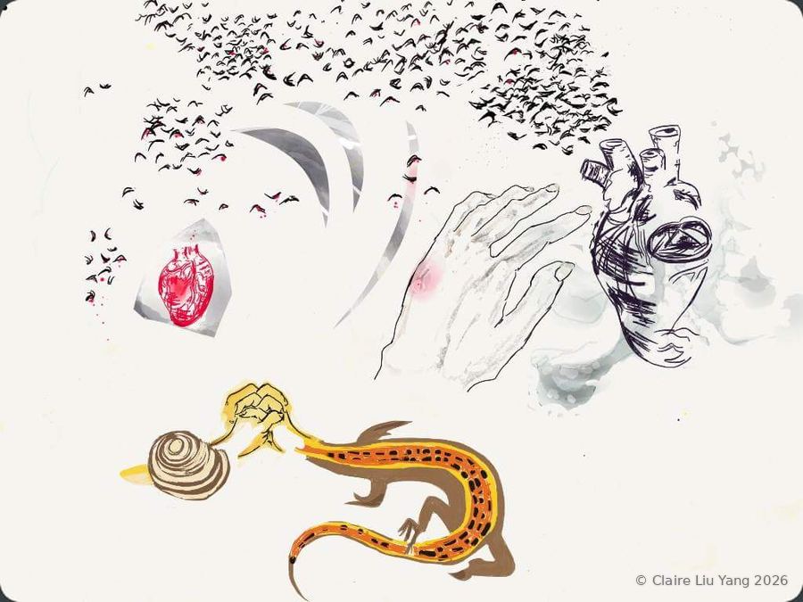 Hands, hearts, a snail and a lizard drawn among flocks of birds