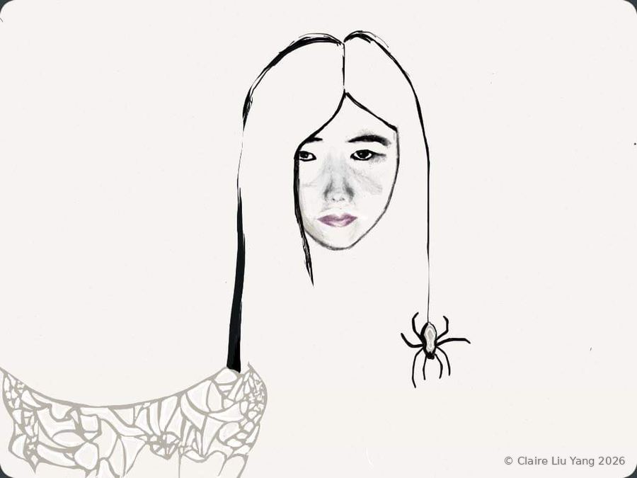 Line drawing of a girl with long hair and a small spider