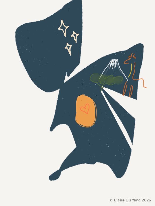 Dark blue abstract shape holding a mountain, stars and an orange heart