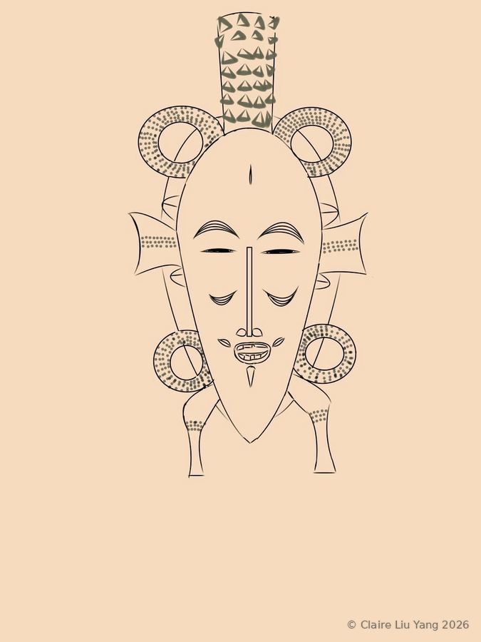 Line drawing of a Senufo mask on peach ground