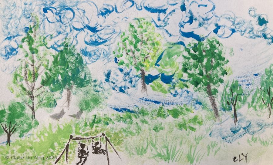 Trees, clouds and two figures on a swing