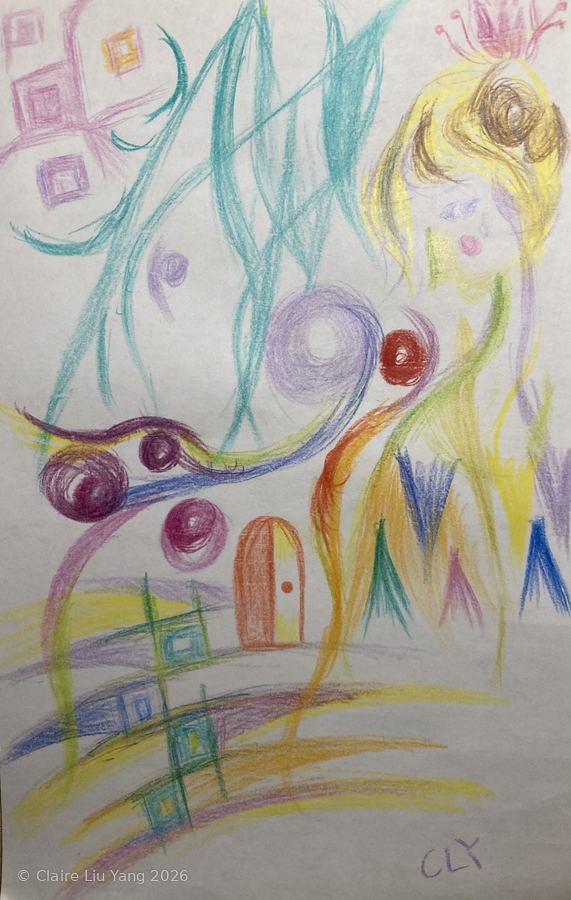 Pastel swirls, a small door and a crowned figure