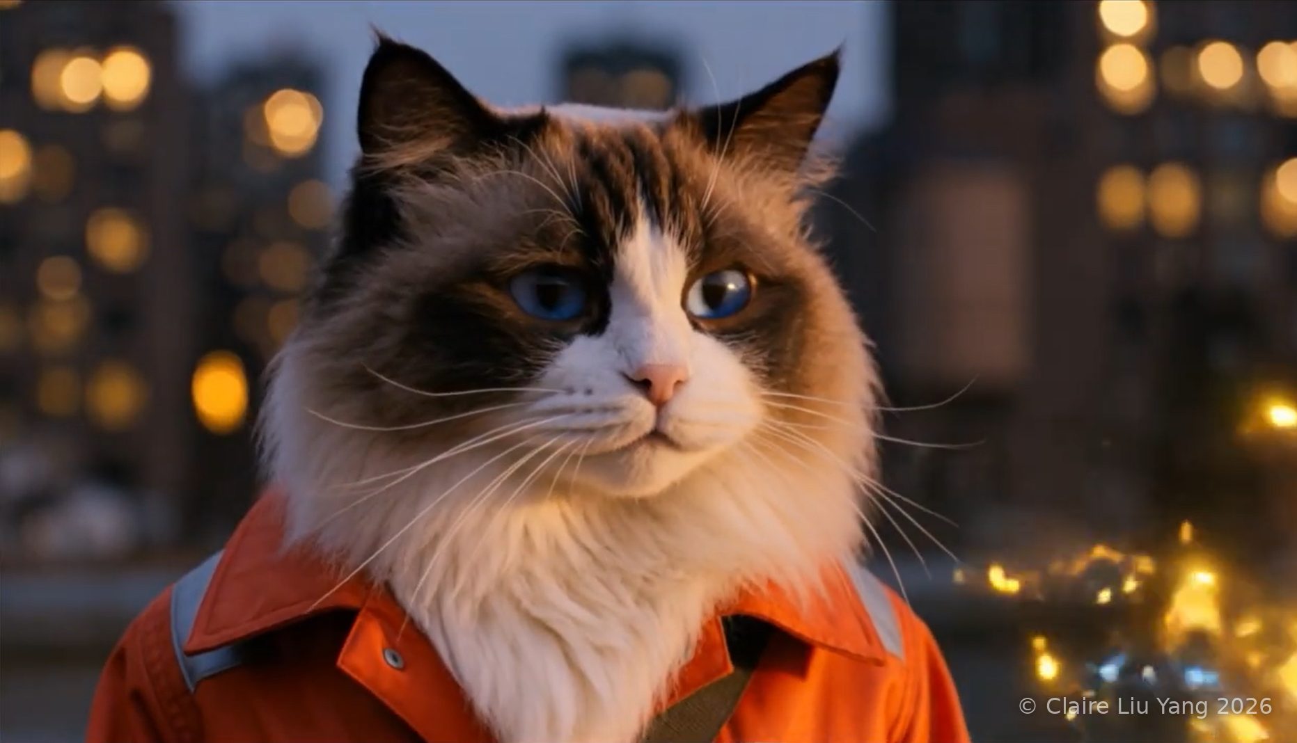 Dominic, a long-haired brown and white cat in an orange jacket, on a city rooftop at dusk