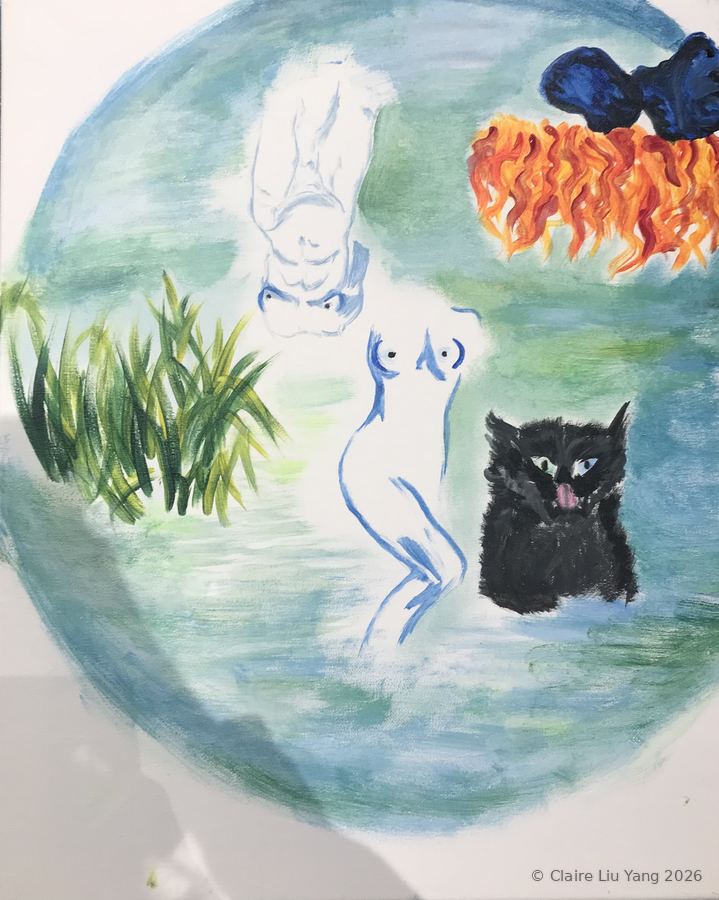 A round painting of a pale figure, a black cat and reeds in green water