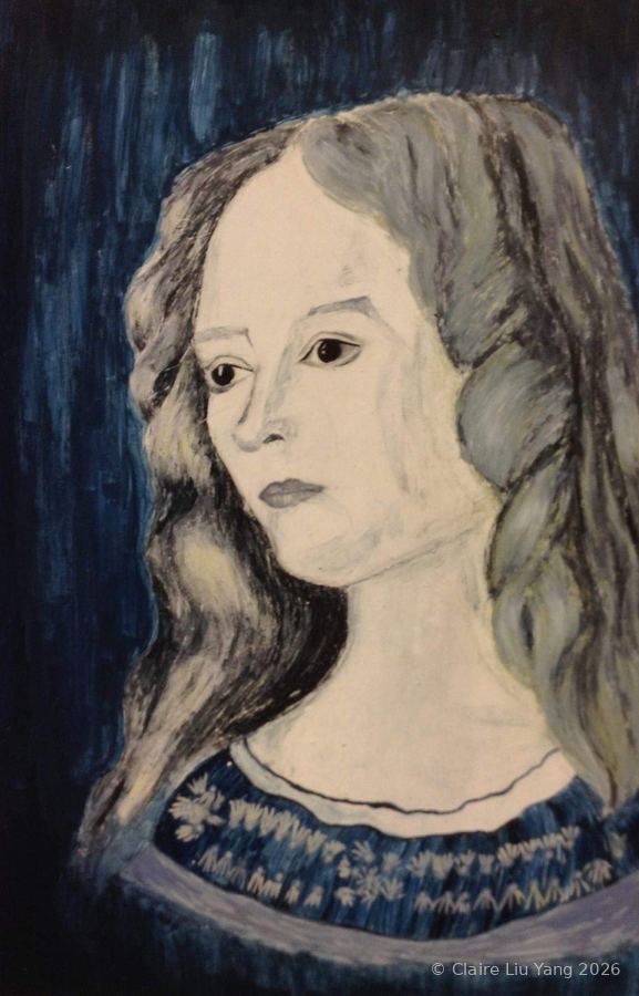 Portrait of a woman with long grey hair against a deep blue ground