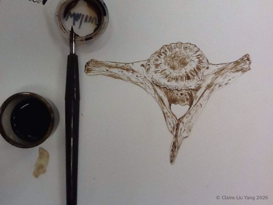 A bone drawn in brown walnut ink beside the ink pot and brush