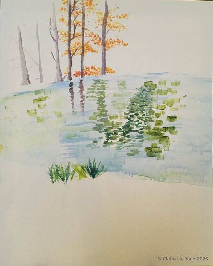 Autumn trees reflected in a pond, loose watercolor
