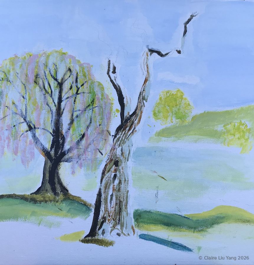 A bare tree and a willow on green hills