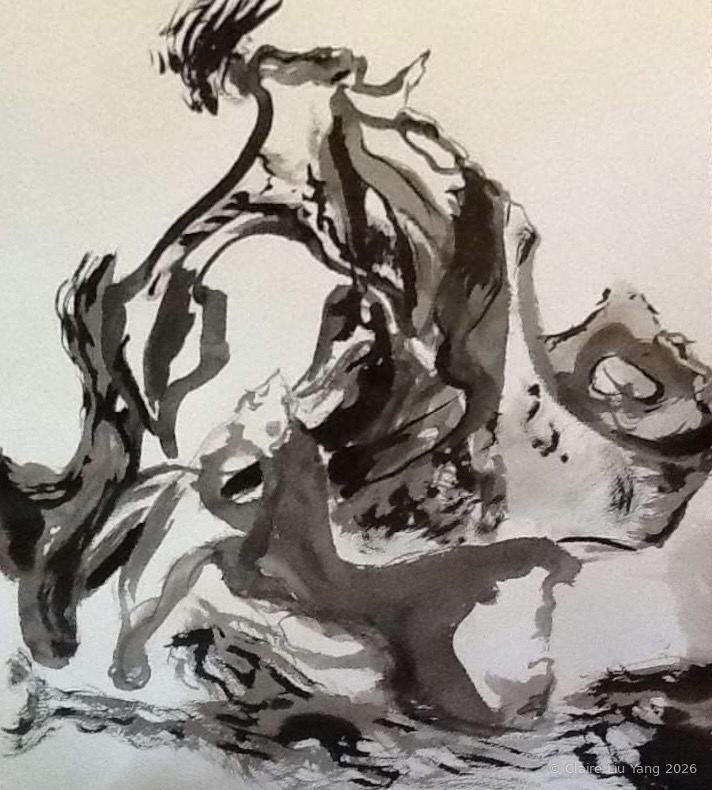 Rocks in flowing black sumi ink