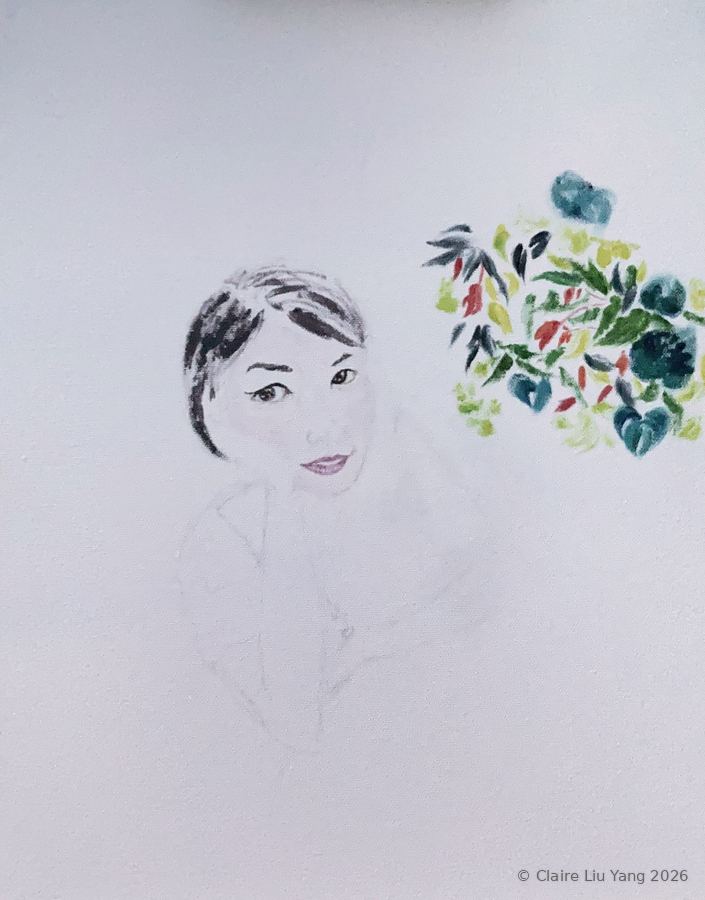 Unfinished self-portrait with a cluster of leaves and flowers