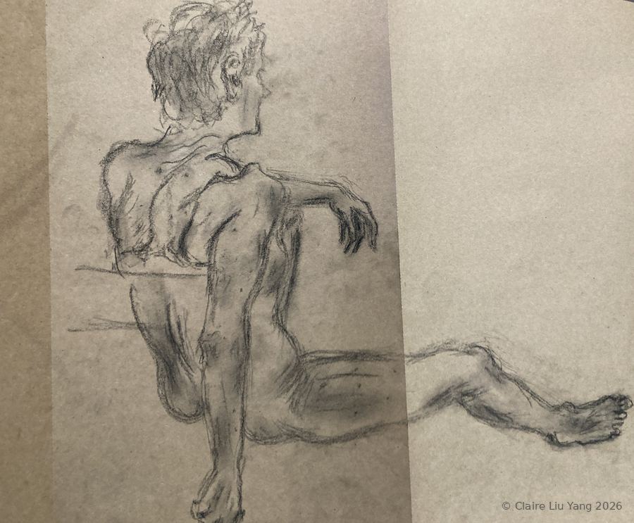 Charcoal figure drawing of a seated model