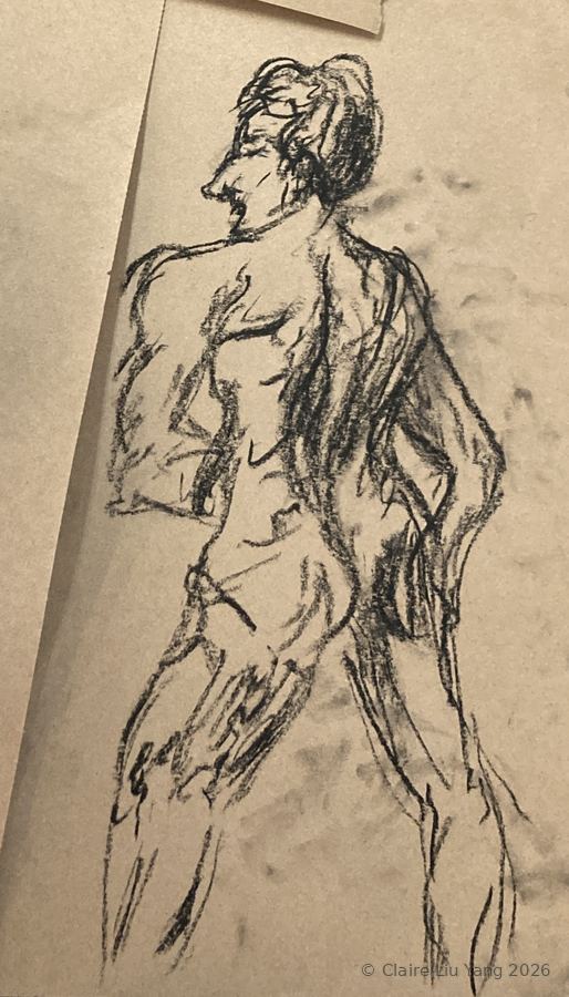 Charcoal figure drawing of a standing model seen from behind, head turned