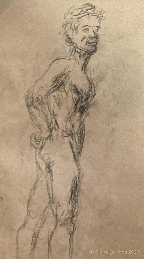 Pencil figure drawing of a standing model looking toward the viewer