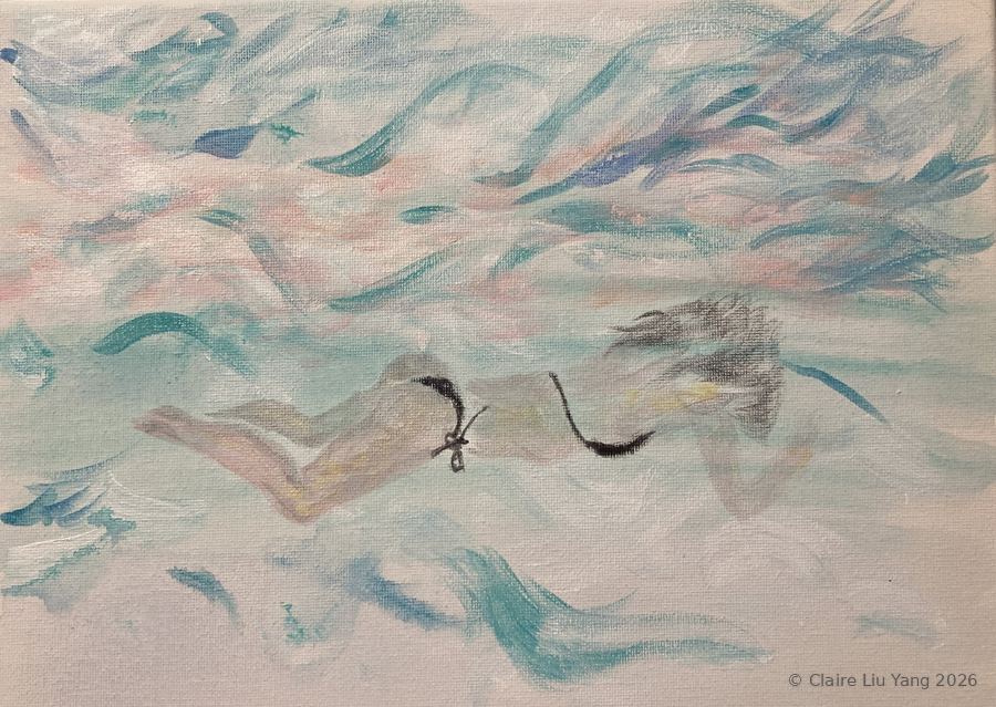 A swimmer drifting through pale turquoise and pink brushstrokes