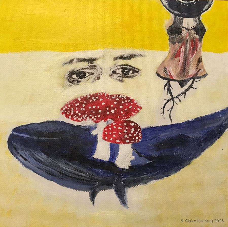Painting of eyes, red mushrooms on a dark whale and a hanging figure on yellow