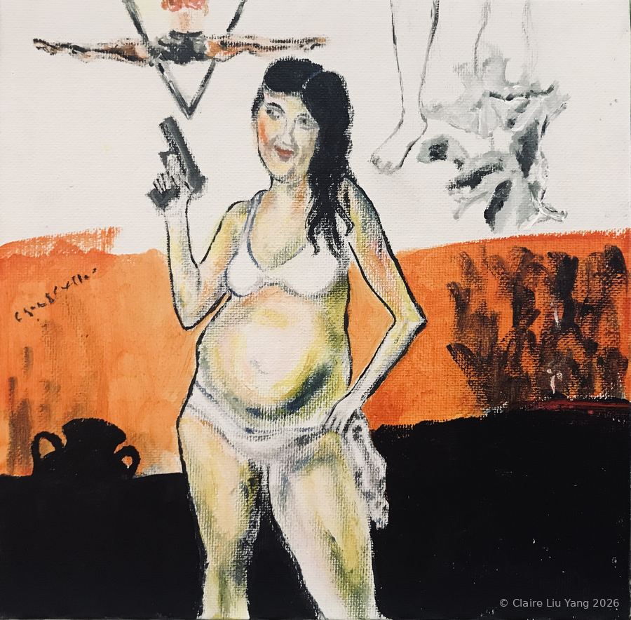 Painting of a pregnant woman holding a pistol against orange and black bands