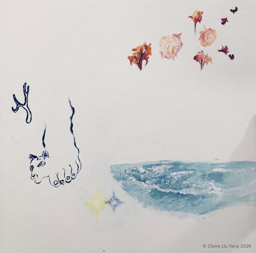 Painting with a blue sea, a drawn foot, stars and falling red flowers