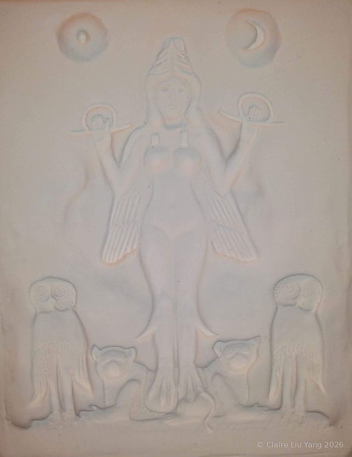 Plaster relief of the goddess Inanna with owls and lions